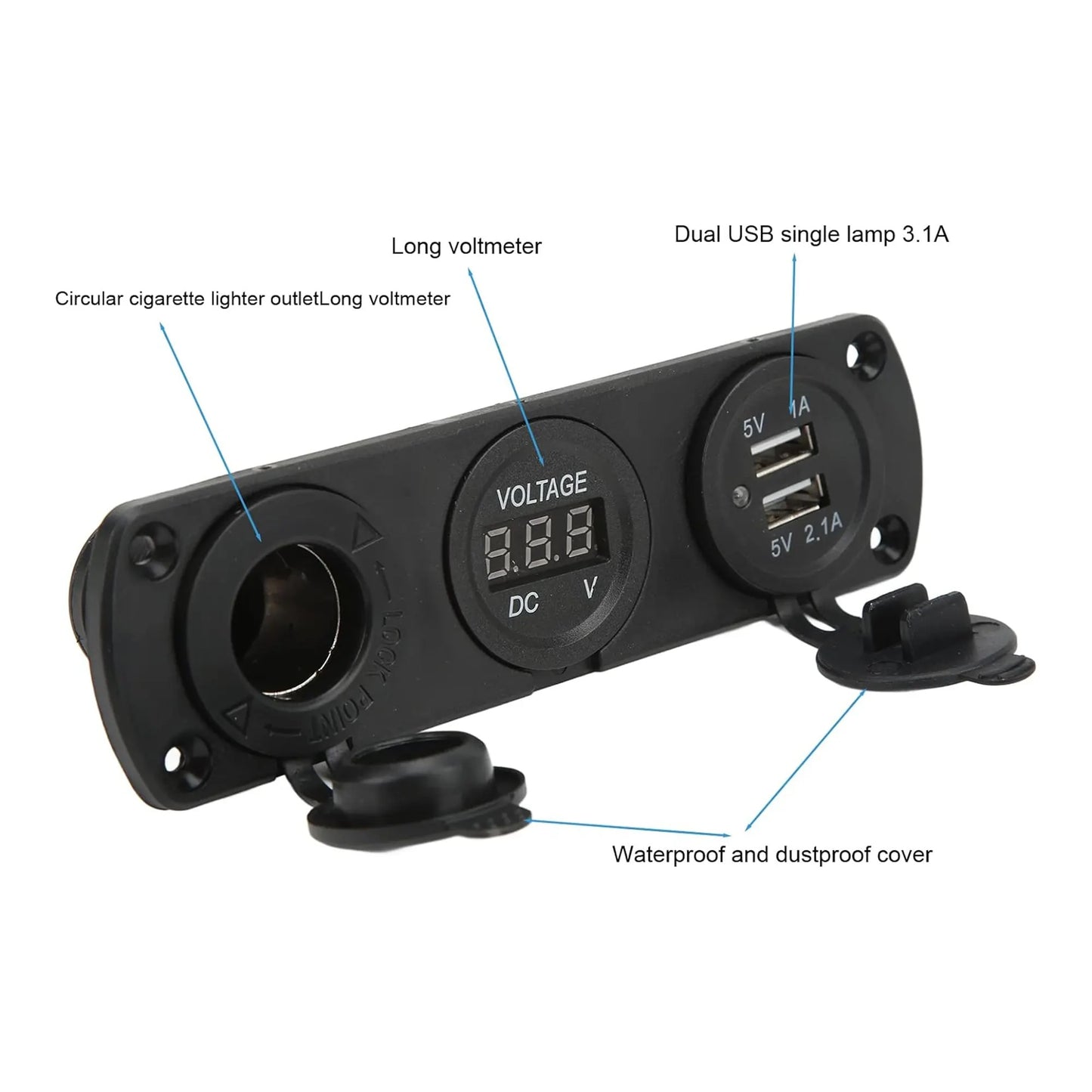 USB Car Charger Voltage Meter & Cigarette Lighter Control Panel - 6" x 1-3/4 x 2