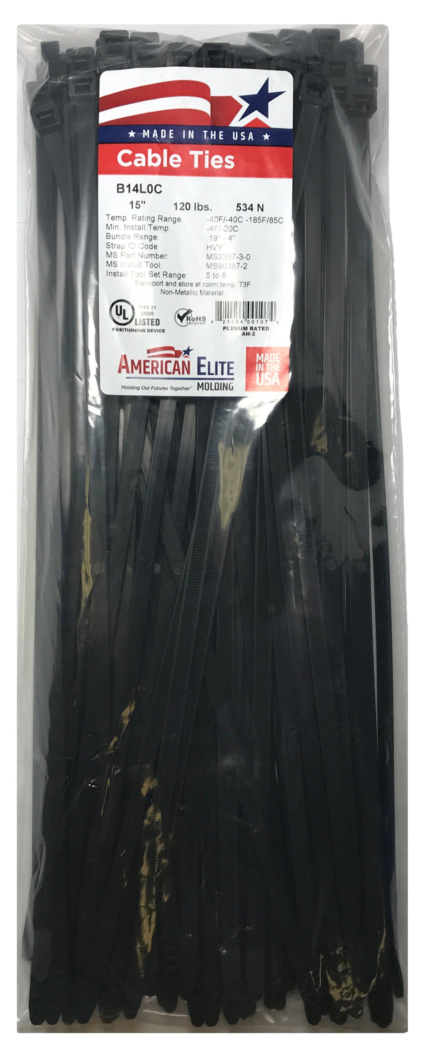 Heavy Duty Black 15" Inch Cable Ties 120 lbs - 100 Pack
