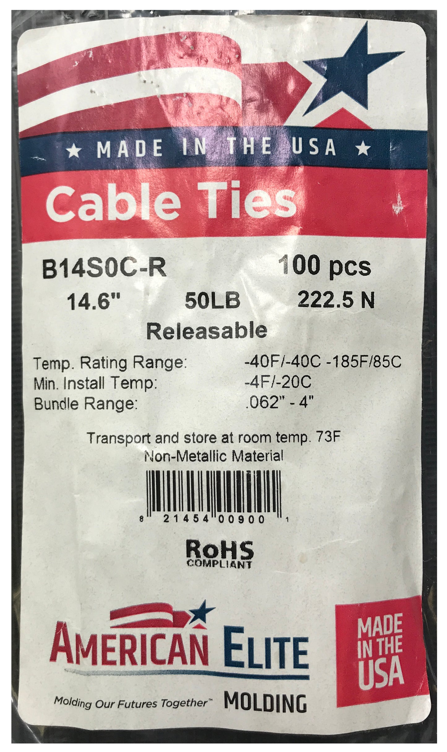 Releasable Black 14" Inch Cable Ties 50 lbs - 100 Pack