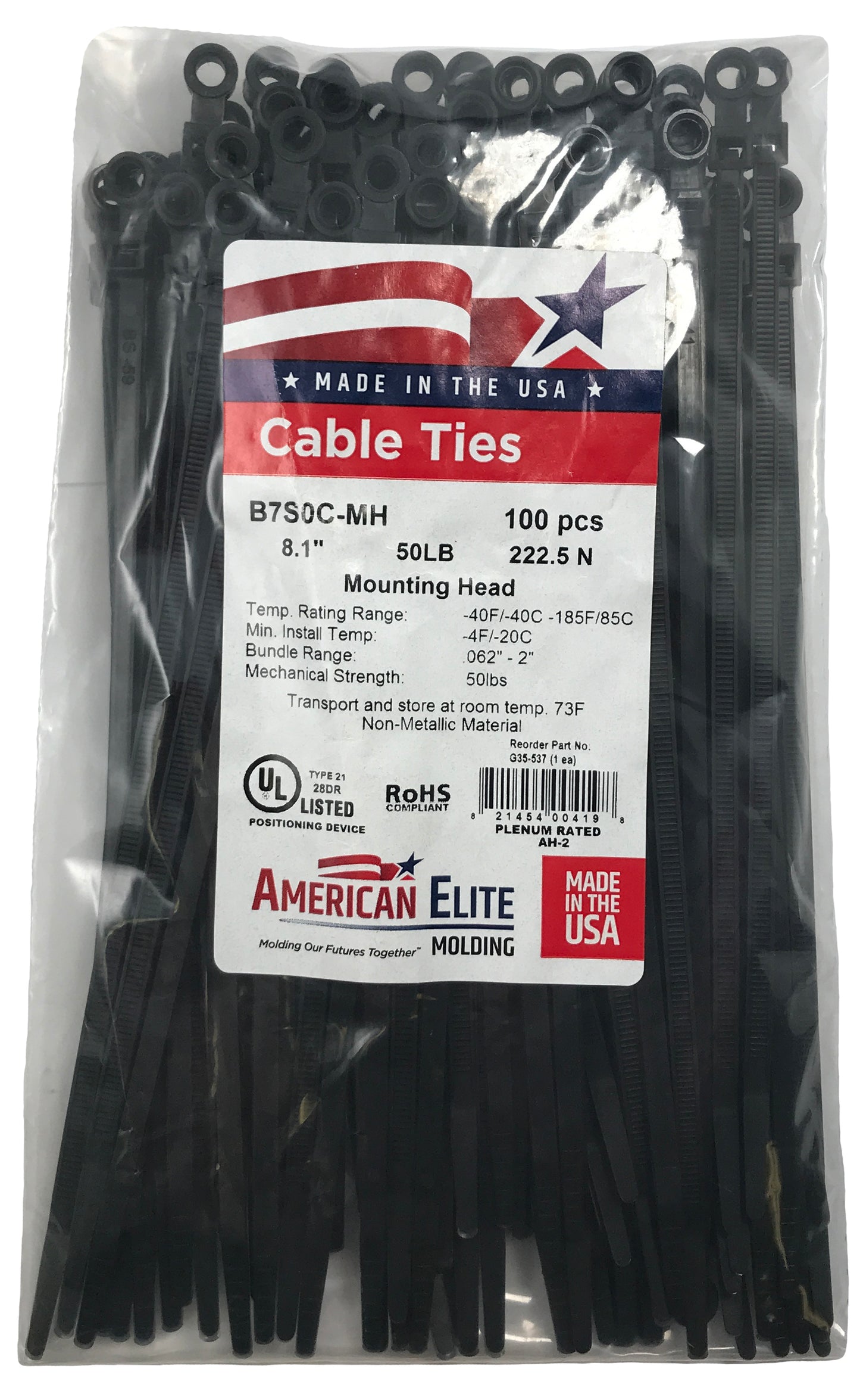 Mounting Hole Black 7" Inch Cable Ties 50 lbs - 100 Pack