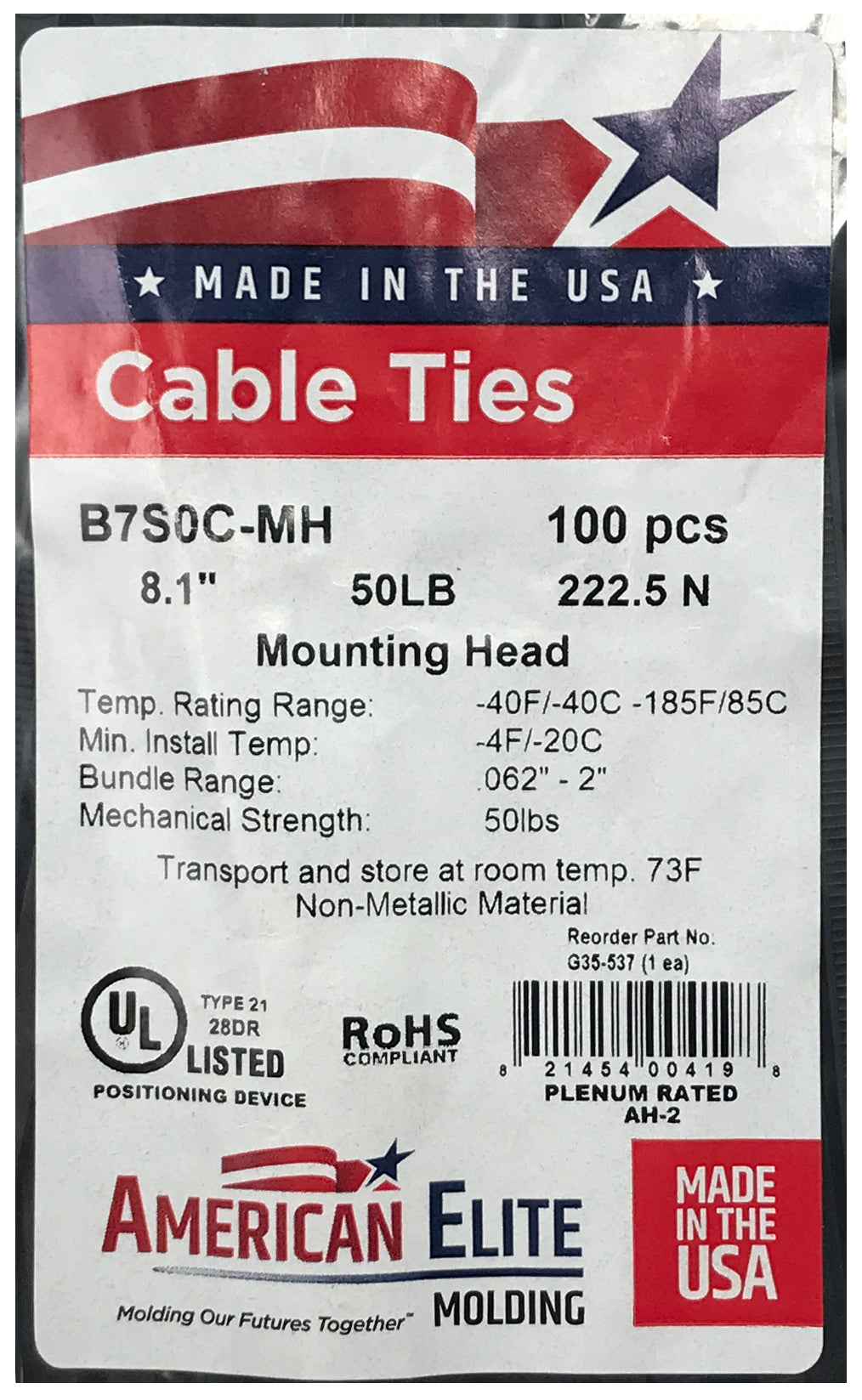 Mounting Hole Black 7" Inch Cable Ties 50 lbs - 100 Pack