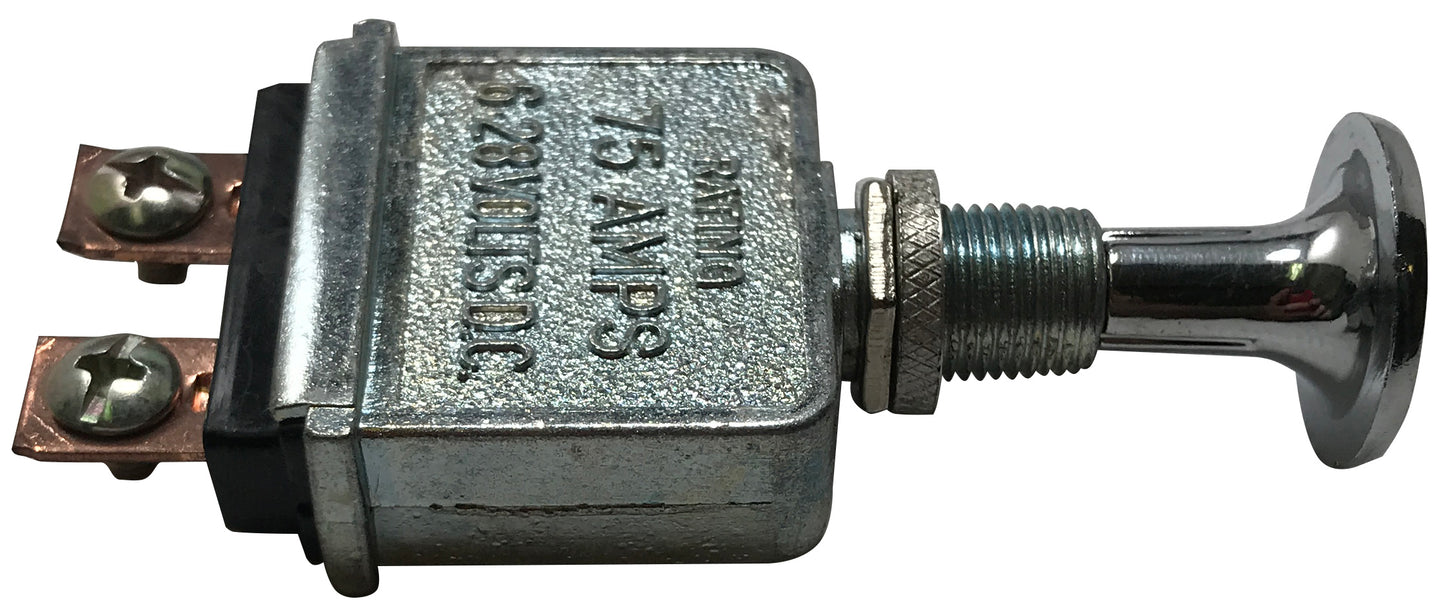 Heavy Duty Metal Chrome Push Pull Switch 6/28V DC 75A SPST - Mount Diam. 15/32 in.