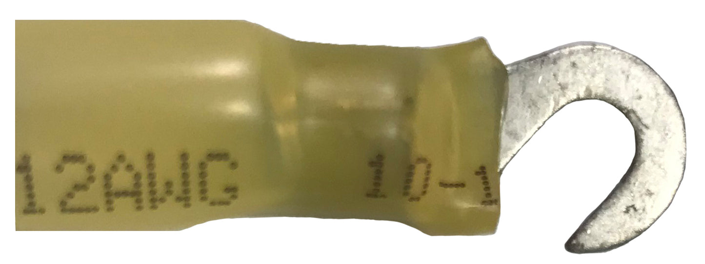 Heat Shrink & Crimp Yellow Hook Terminal 12-10 Gauge #8 Stud - 100 Pack