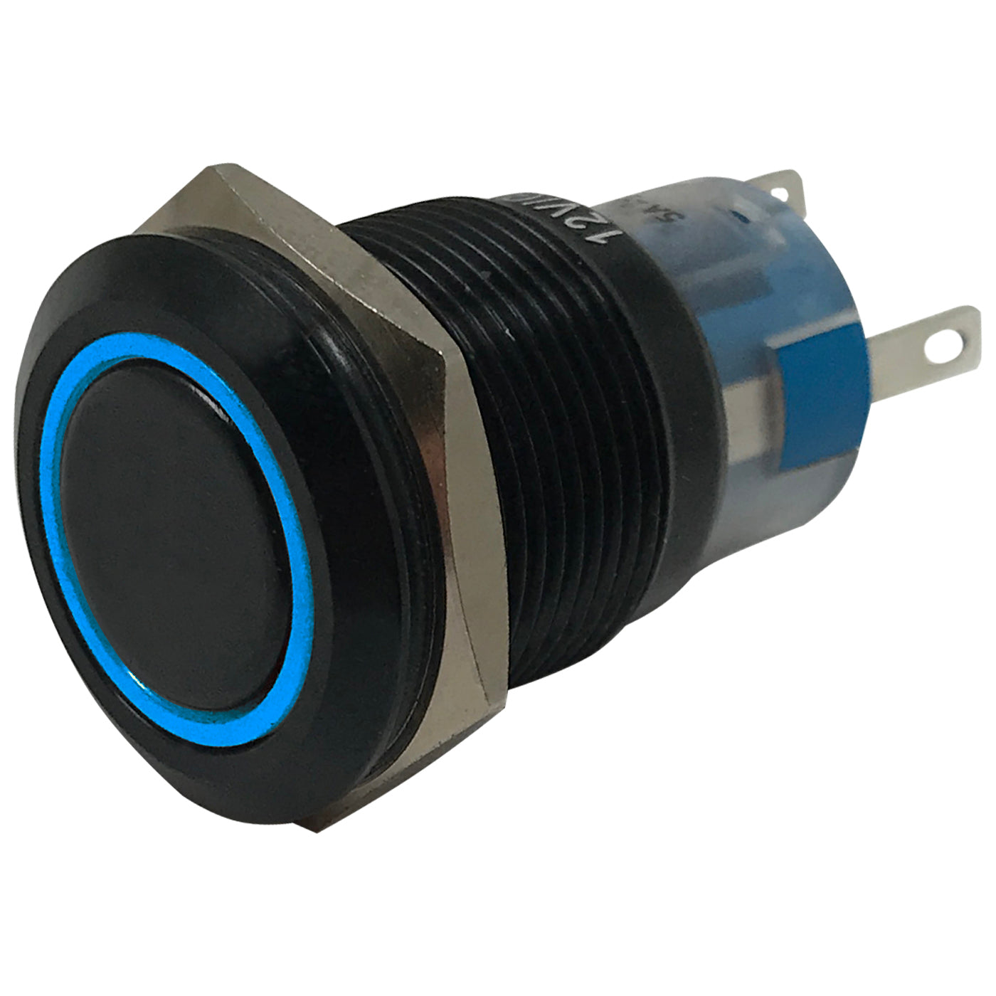 Blue LED Black Metal Latching Push Button Switch On Off 12V - 19mm Mounting
