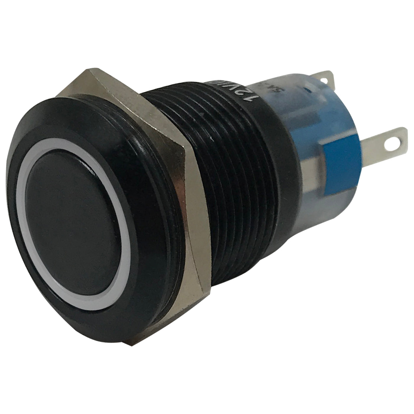 White LED Black Metal Latching Push Button Switch On Off 12V - 19mm Mounting