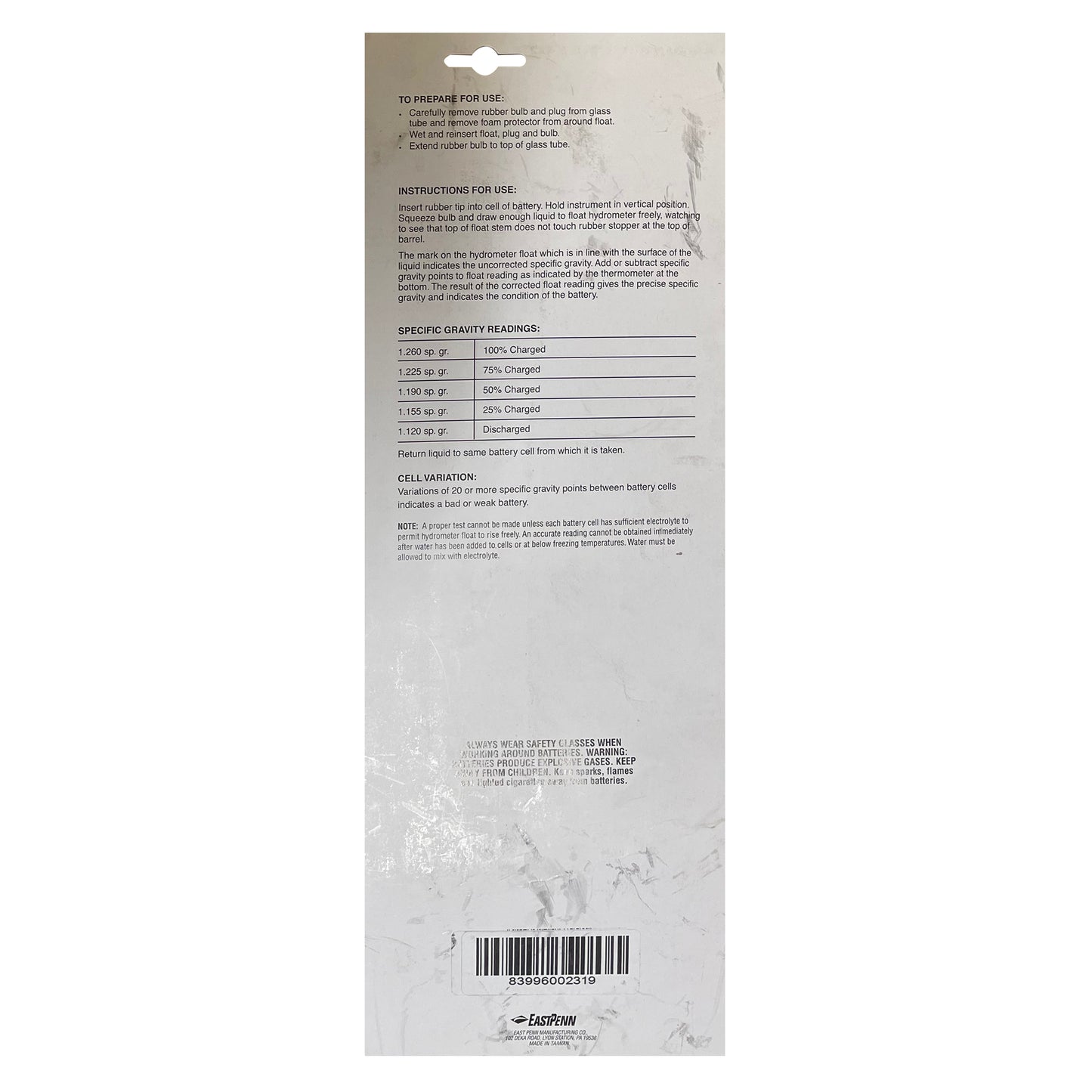 Deka East Penn 00231 Glass Temperature Correcting Battery Hydrometer