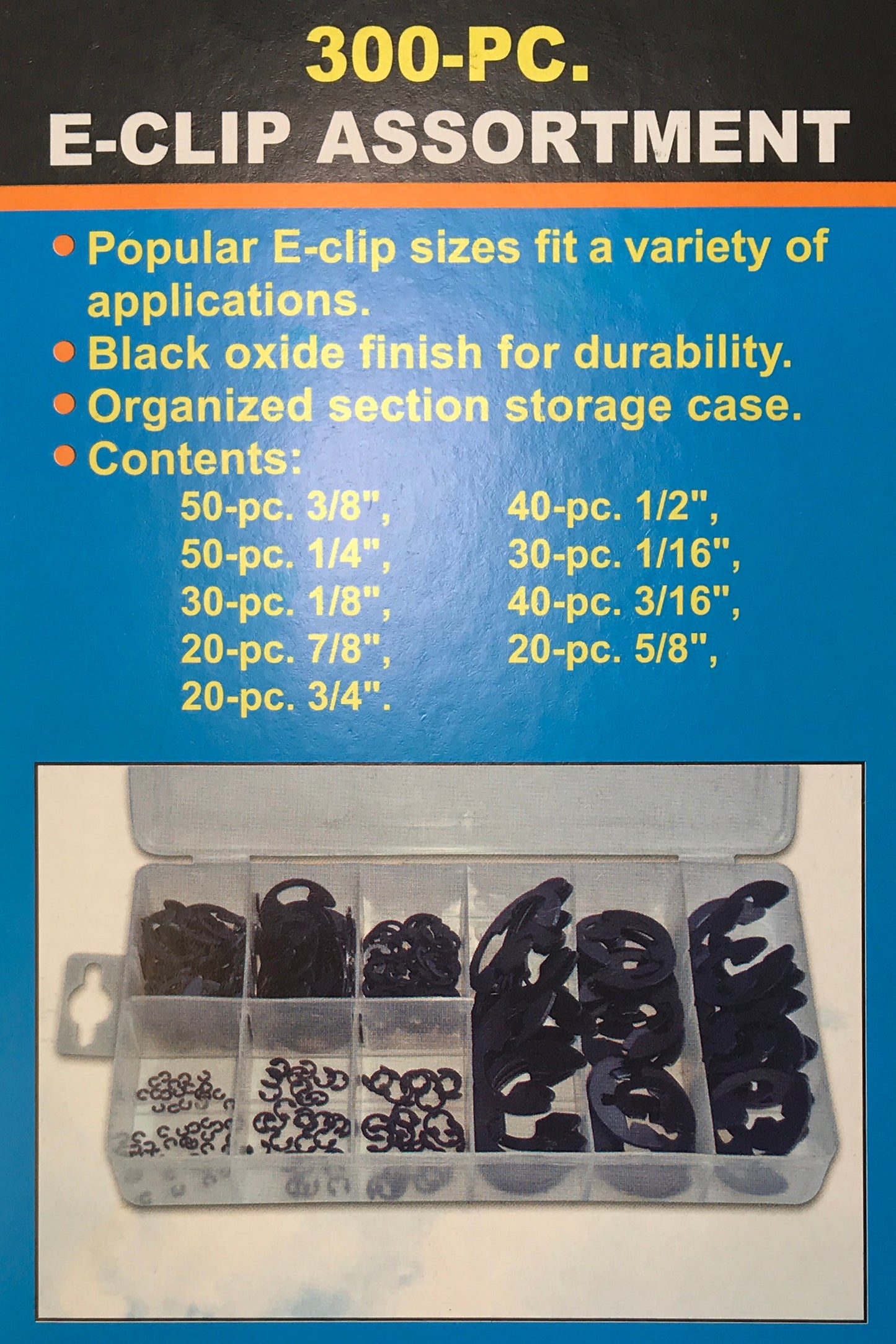 300 Piece Black Industrial E-Clip Assortment Kit