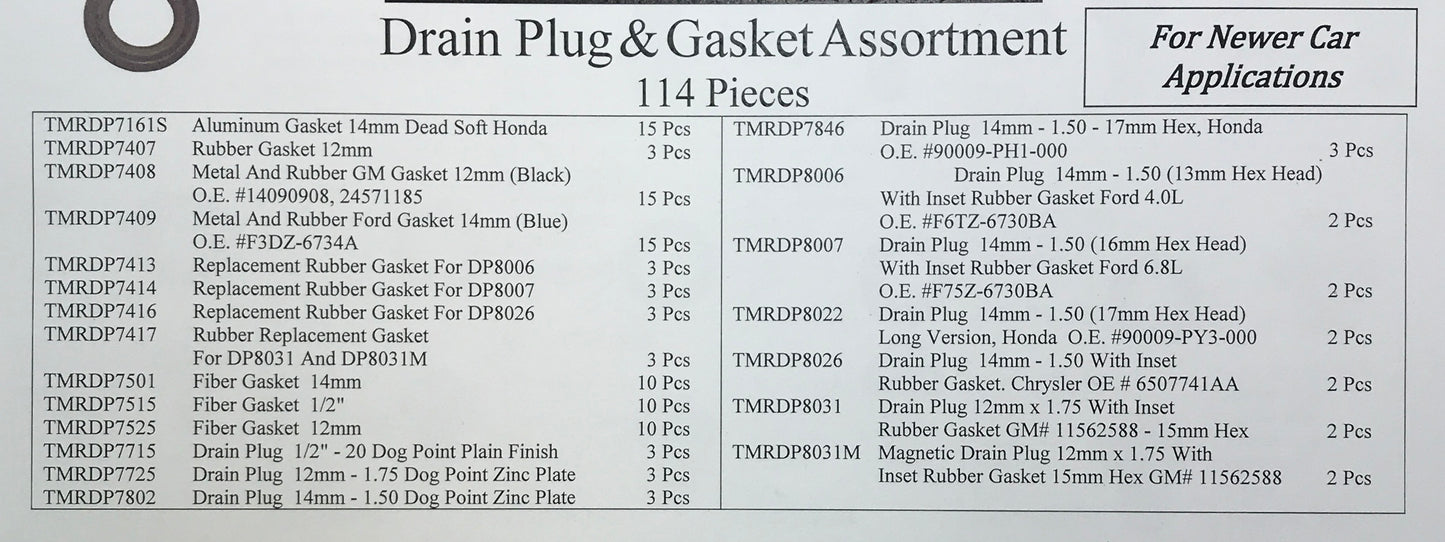 114 Piece Oil Drain Plug & Gasket Assortment Kit - "For Newer Car Applications"