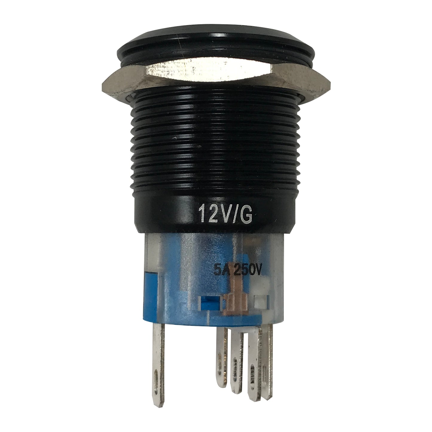 White LED Black Metal Latching Push Button Switch On Off 12V - 19mm Mounting