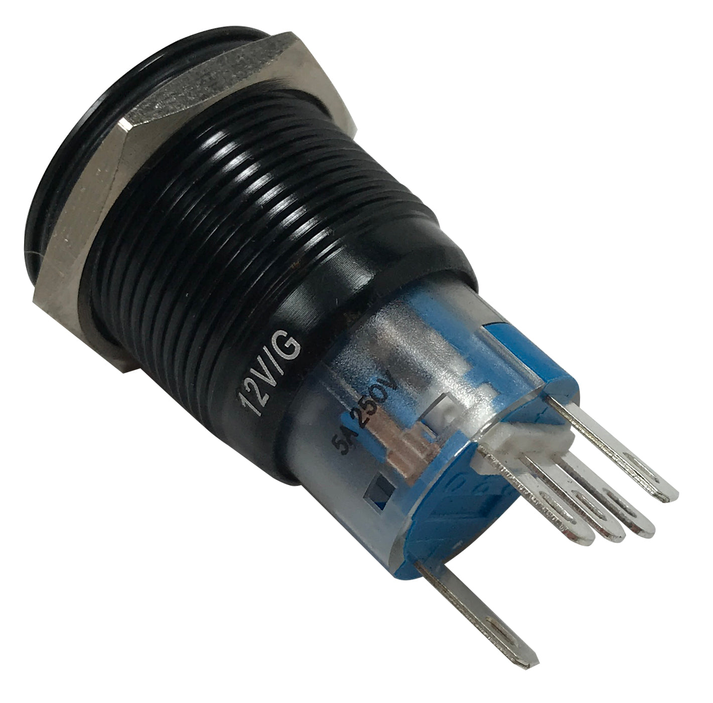 Blue LED Black Metal Latching Push Button Switch On Off 12V - 19mm Mounting