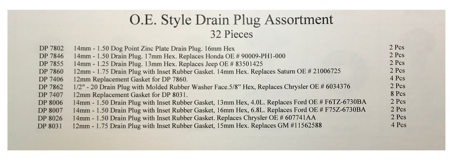 32 Piece Large O.E. Style Oil Drain Plug Assortment