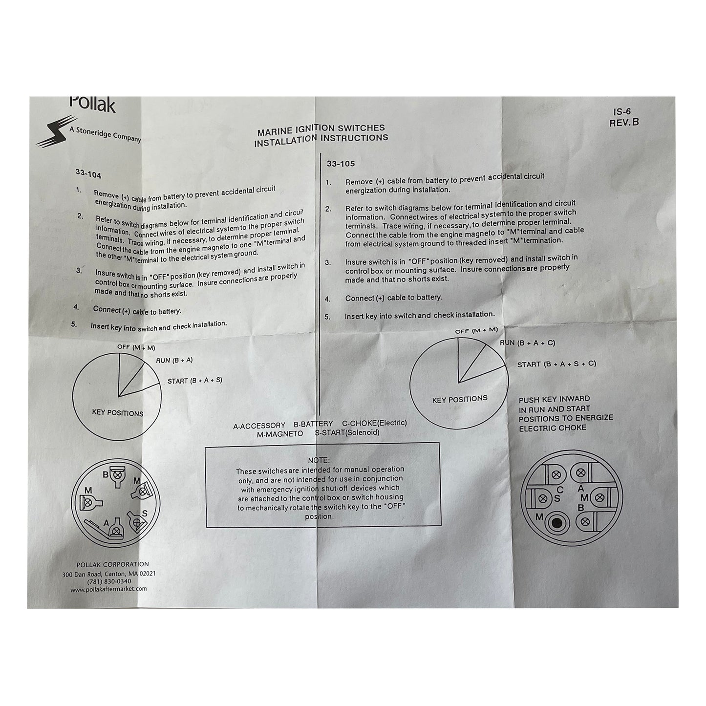 Marine Ignition Switch 3 Position With Push To Choke