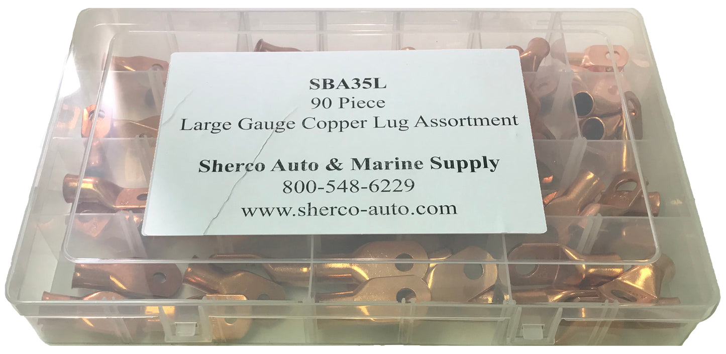 90 Piece Large Gauge Copper Lug Battery Terminal End Assortment Kit - 1 to 4/0 AWG - 18 Sizes