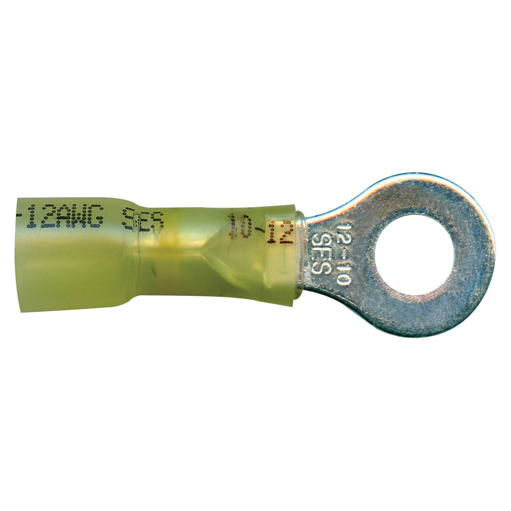 Heat Shrink & Crimp Yellow Long Neck Ring Terminal 12-10 Gauge 1/4 Stud - 10 Pack