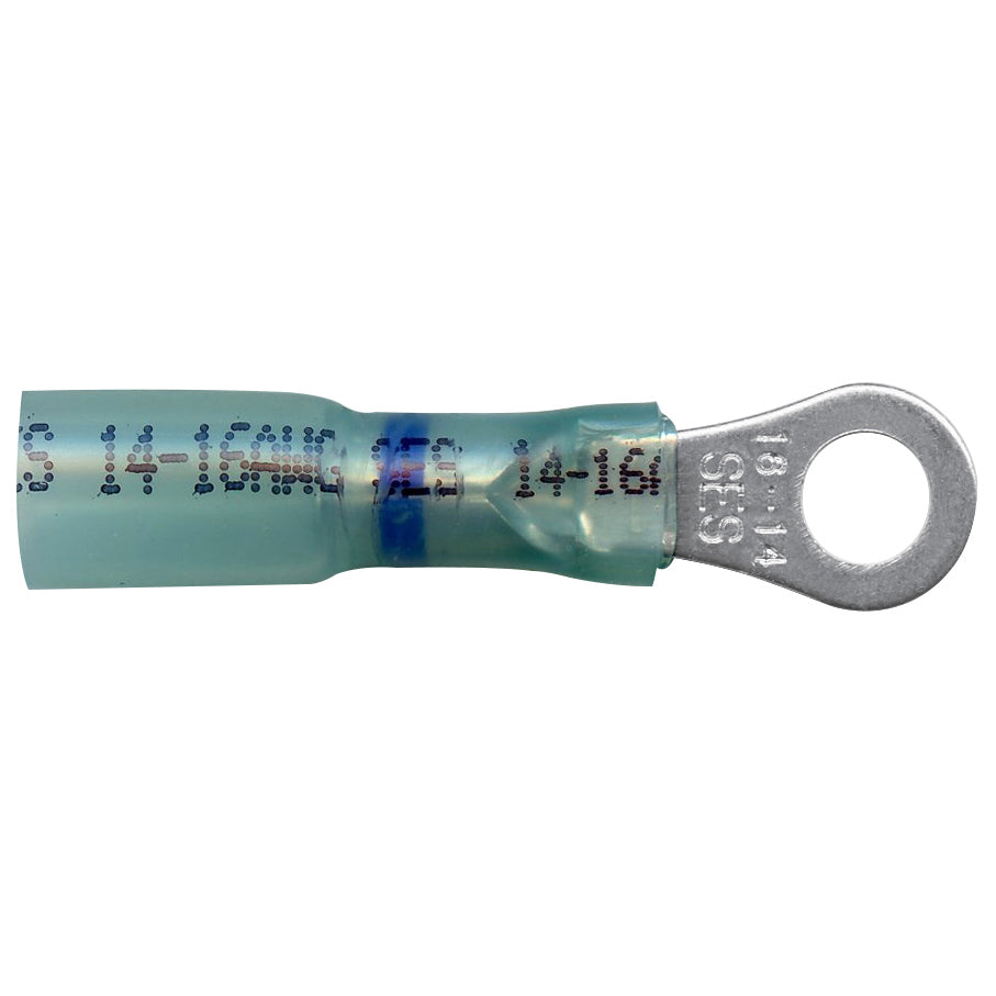Heat Shrink & Crimp Blue Long Neck Ring Terminal 16-14 Gauge #10 Stud - 100 Pack