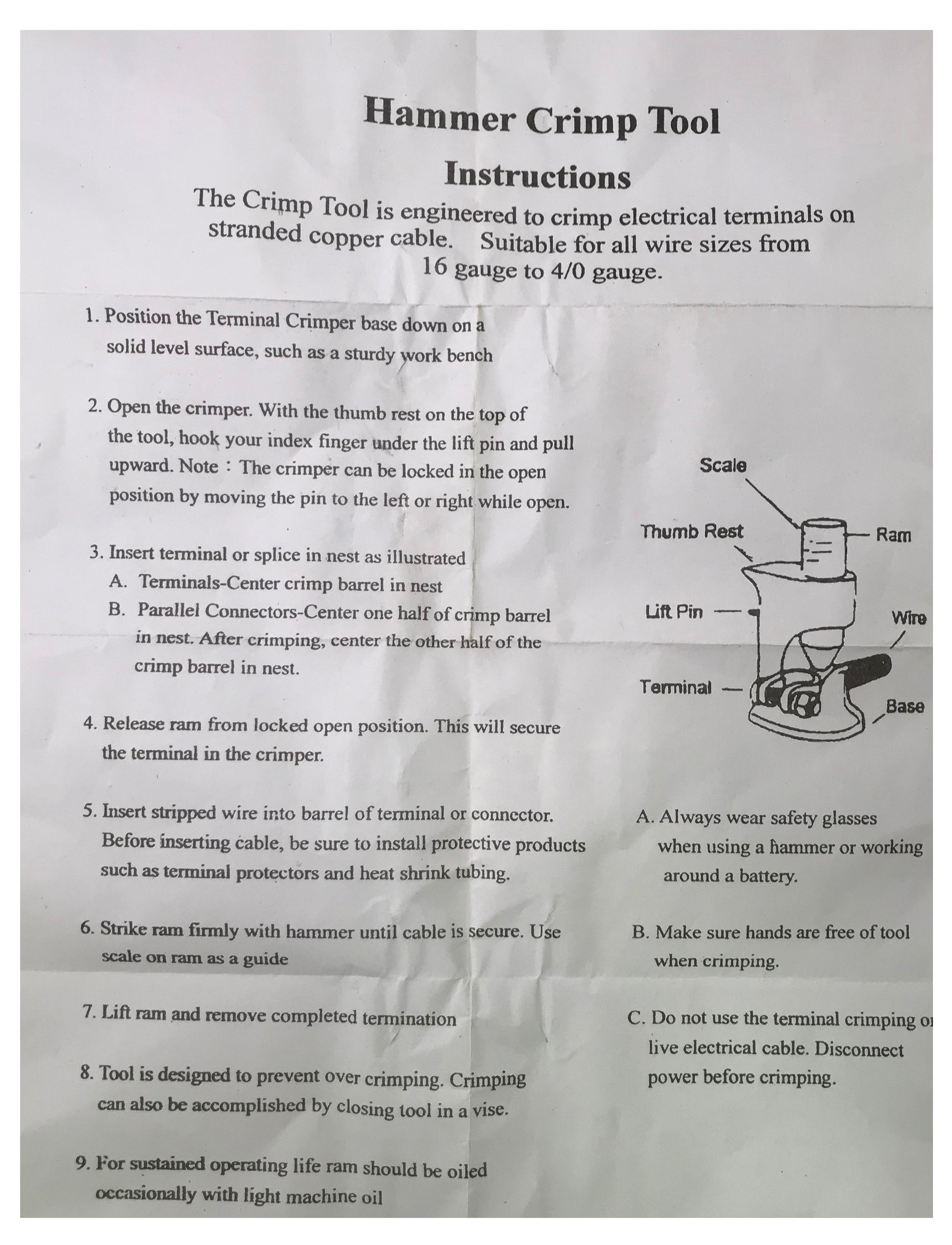Heavy Duty Battery Wire Copper Lug Hammer Crimper Tool For 8 to 4/0 Gauge Terminals