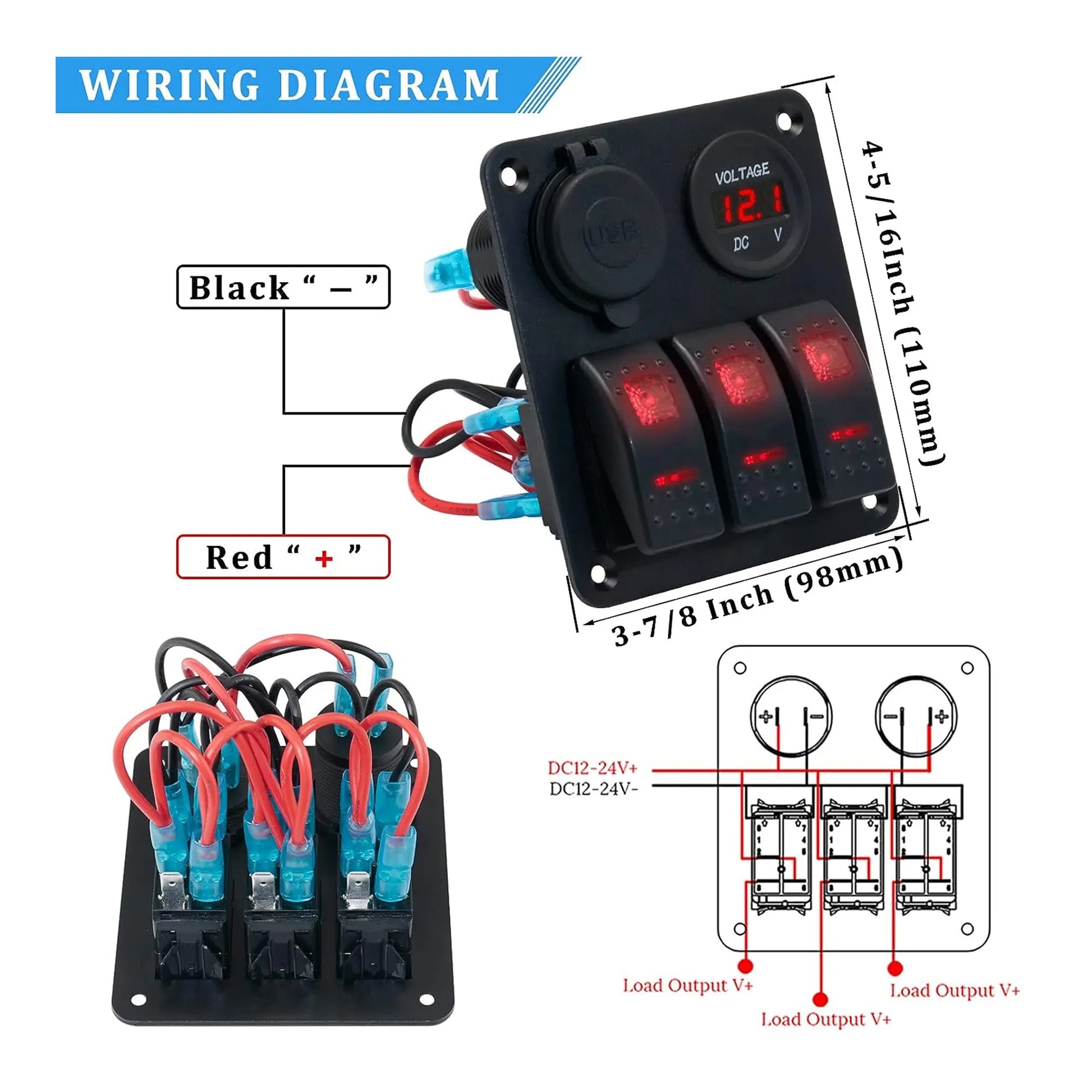 Control Panel 3 Rocker Switch USB & Voltage Gauge