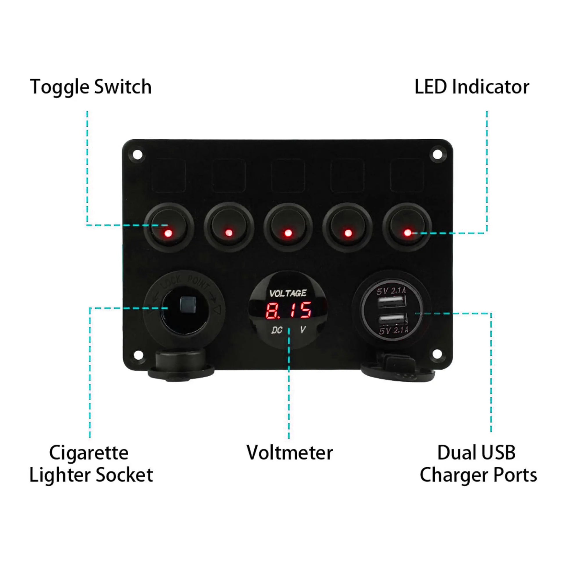 Control Panel 5 Switches Rocker Switch Panel - USB Lighter Volt