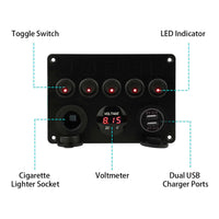 Control Panel 5 Switches Rocker Switch Panel - USB Lighter Volt
