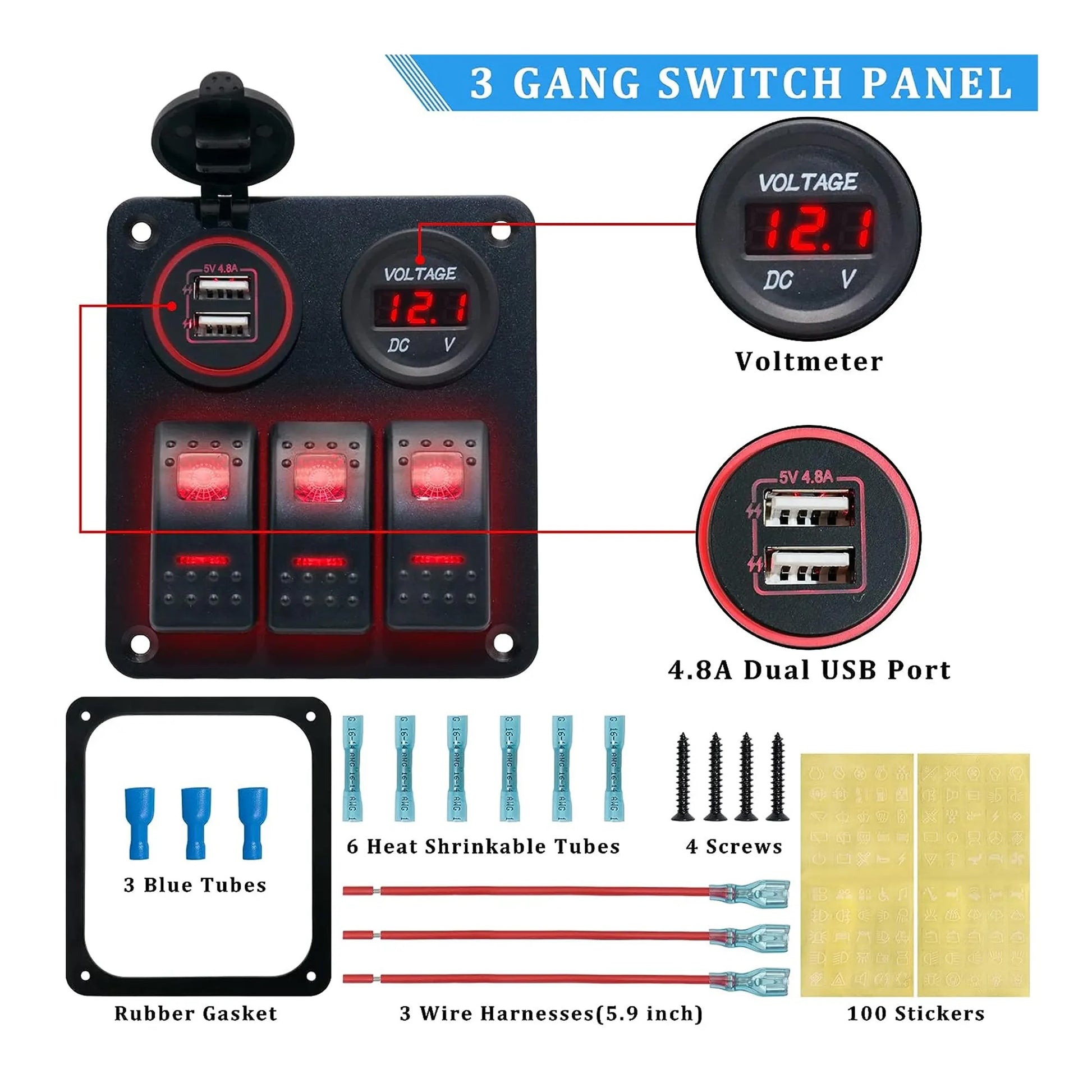 Control Panel 3 Rocker Switch USB & Voltage Gauge