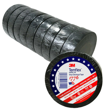 3M Temflex 1776 Vinyl Black Electrical Tape UL 3/4" x 60' FT - Sleeve of 10 - USA