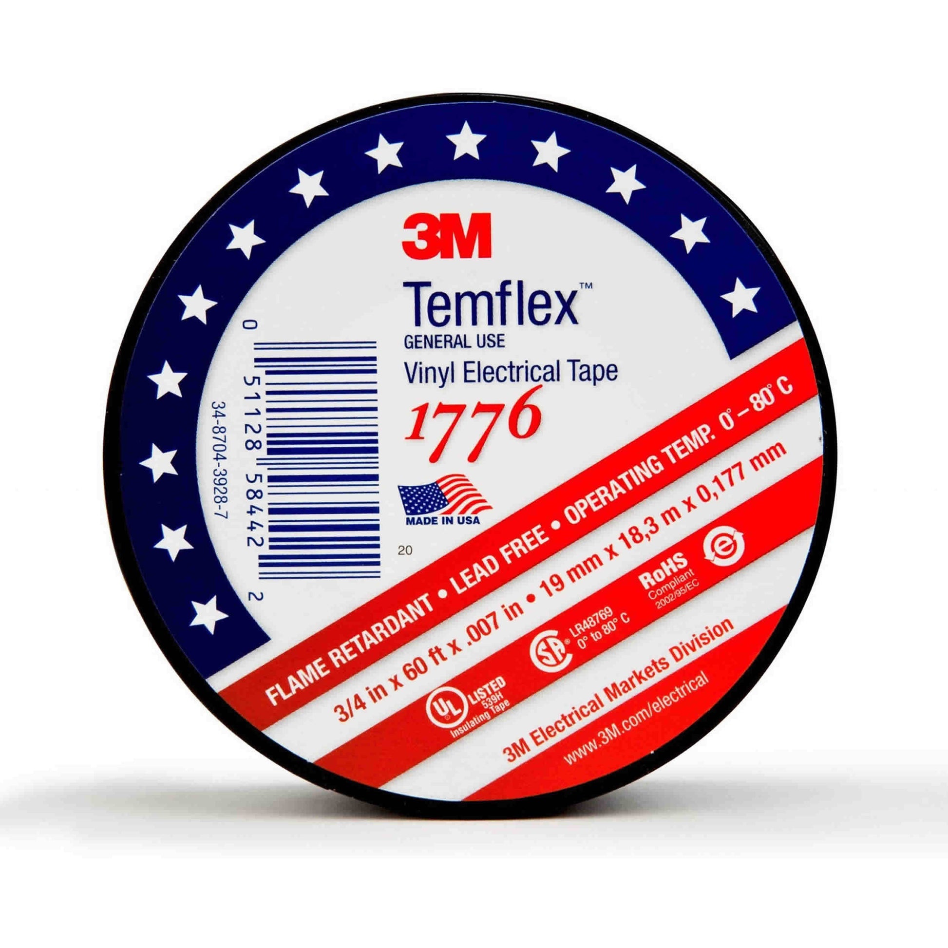 3M Temflex 1776 Vinyl Black Electrical Tape UL 3/4" x 60' FT - Sleeve of 10 - USA