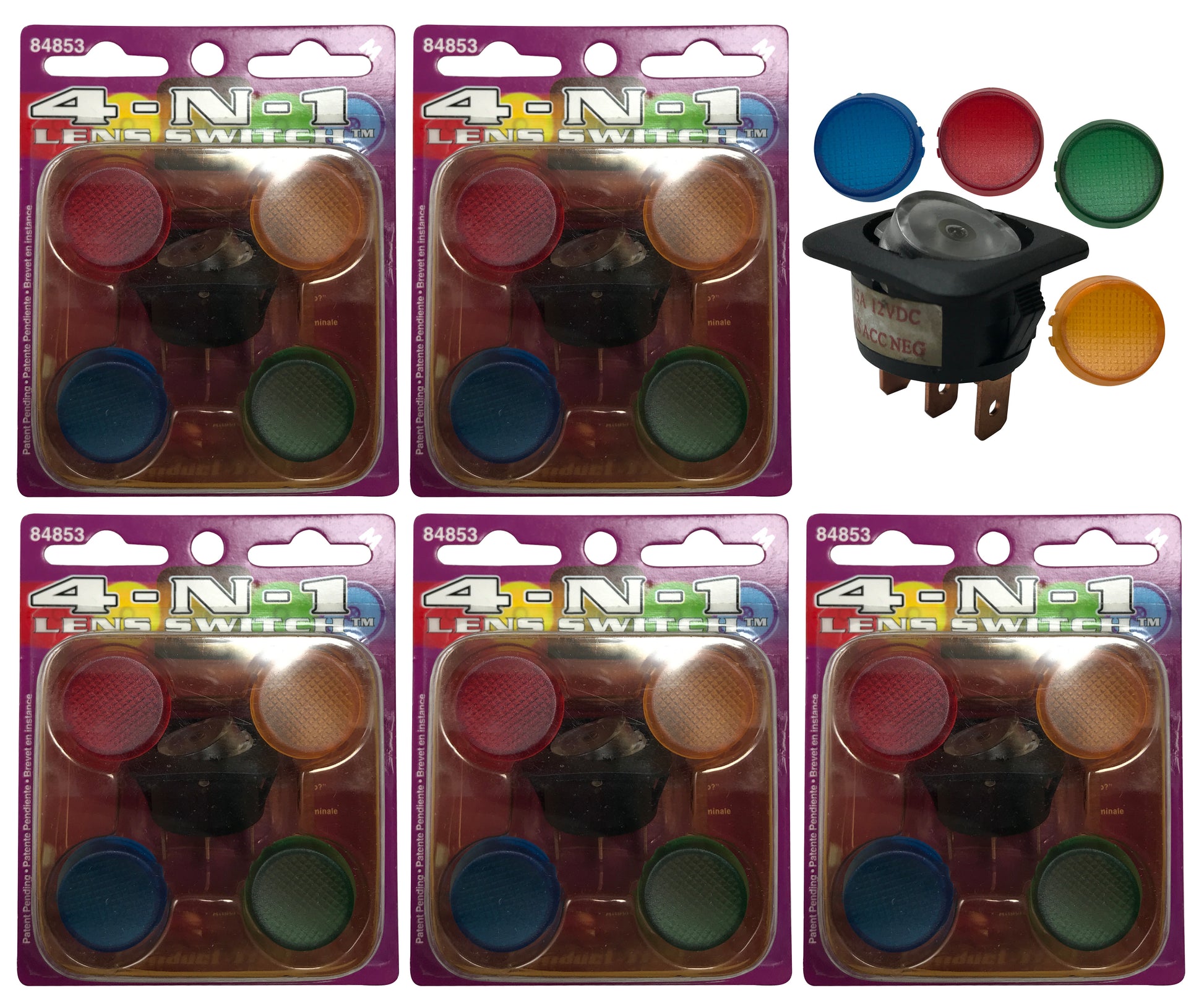 (5) Illuminating Rocker Switch 4-IN-1 Lens Kit 12V 20A - Red Yellow Blue Green