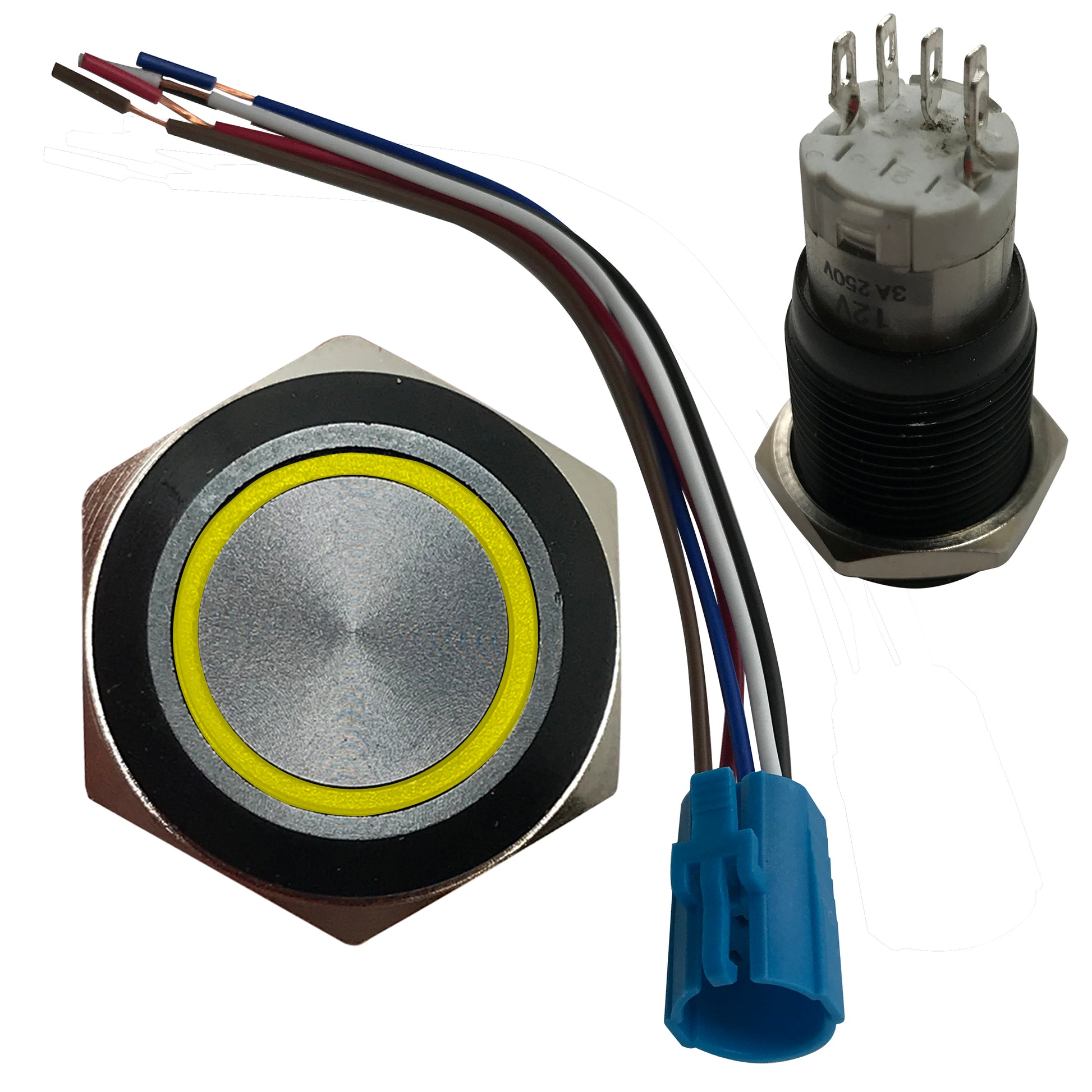 Yellow LED Black Metal Latching Push Button Switch On Off 12V - 16mm Mounting
