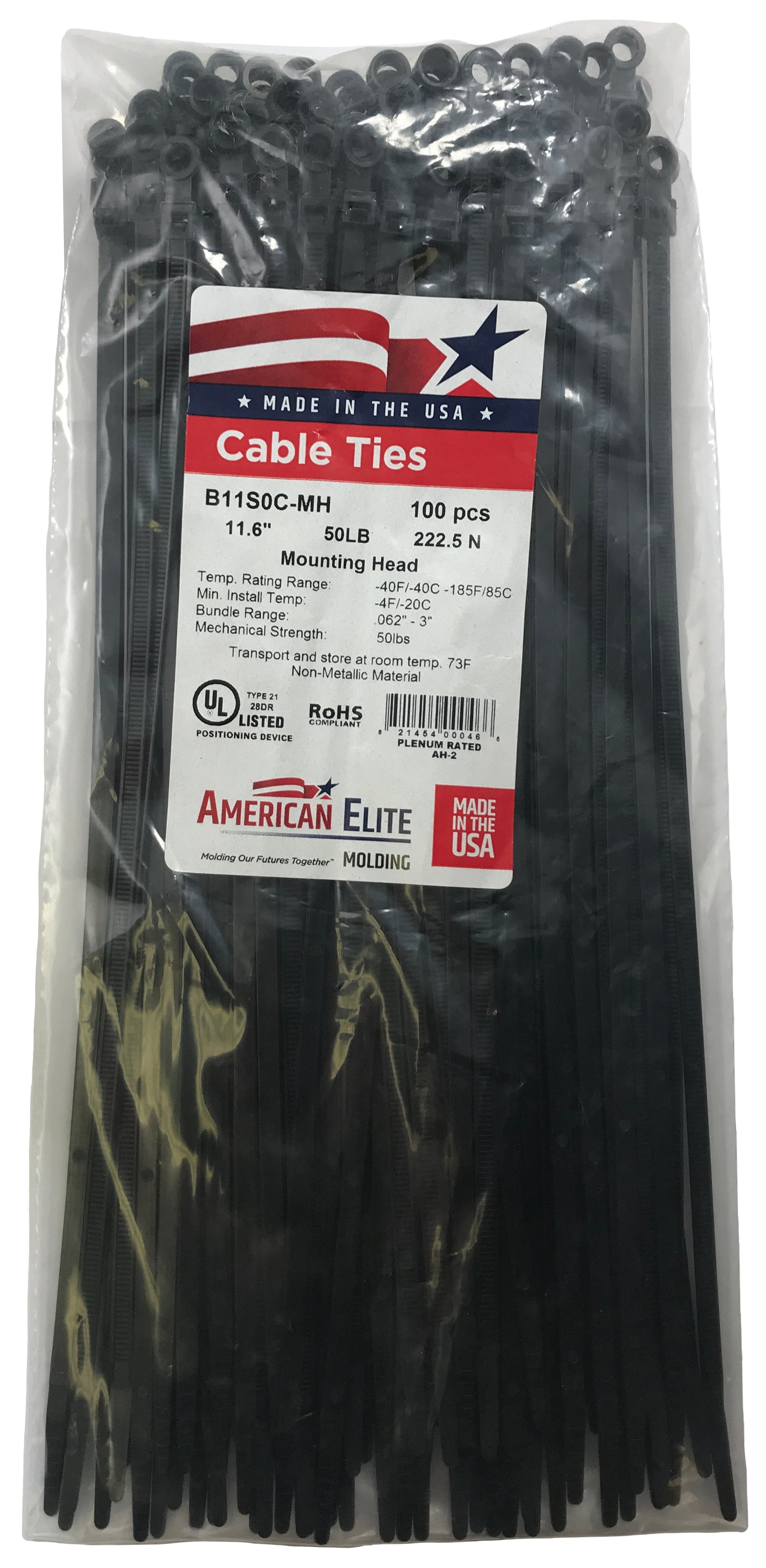 Mounting Hole Black 11" Inch Cable Ties 50 lbs - 100 Pack