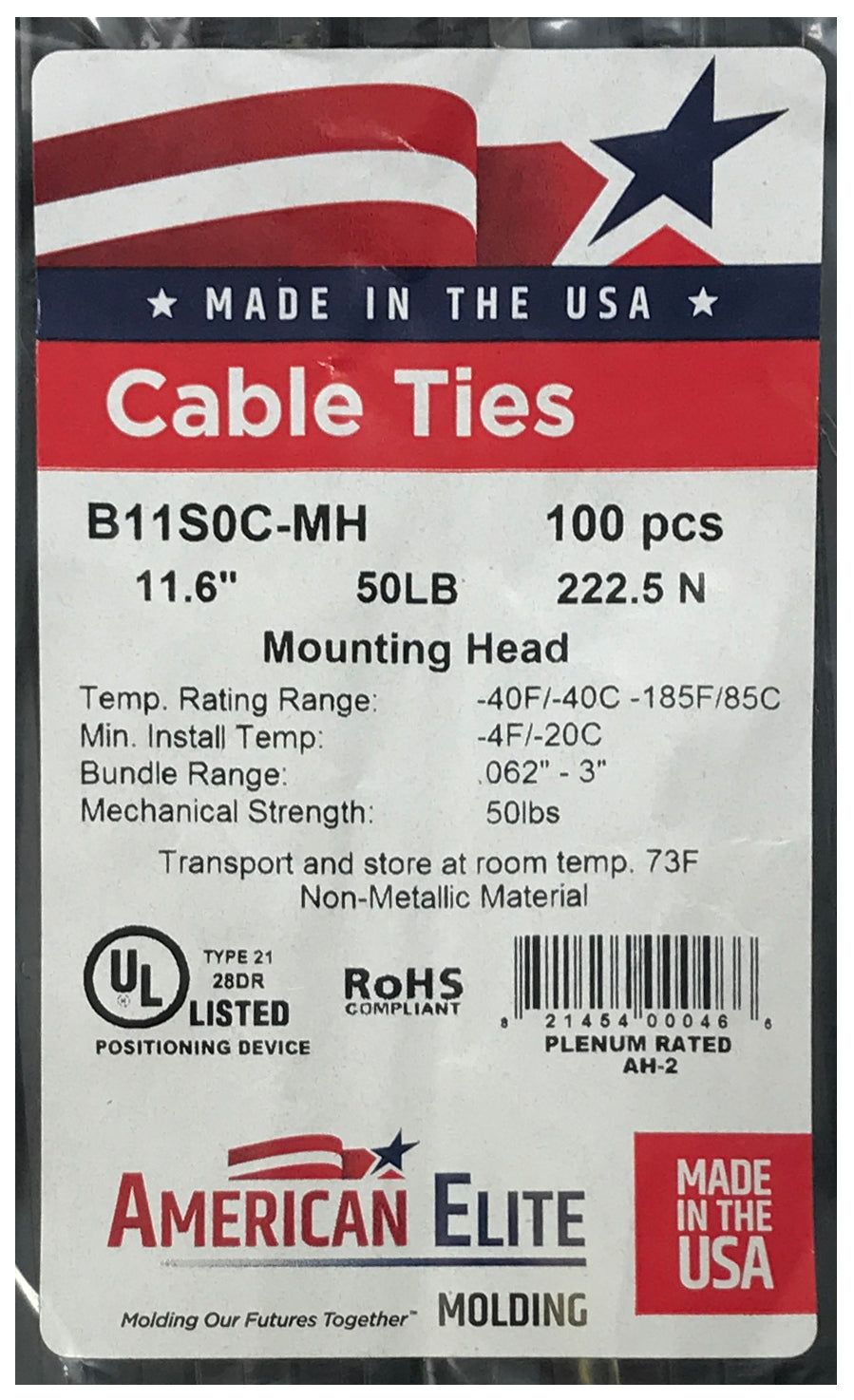 Mounting Hole Black 11" Inch Cable Ties 50 lbs - 100 Pack