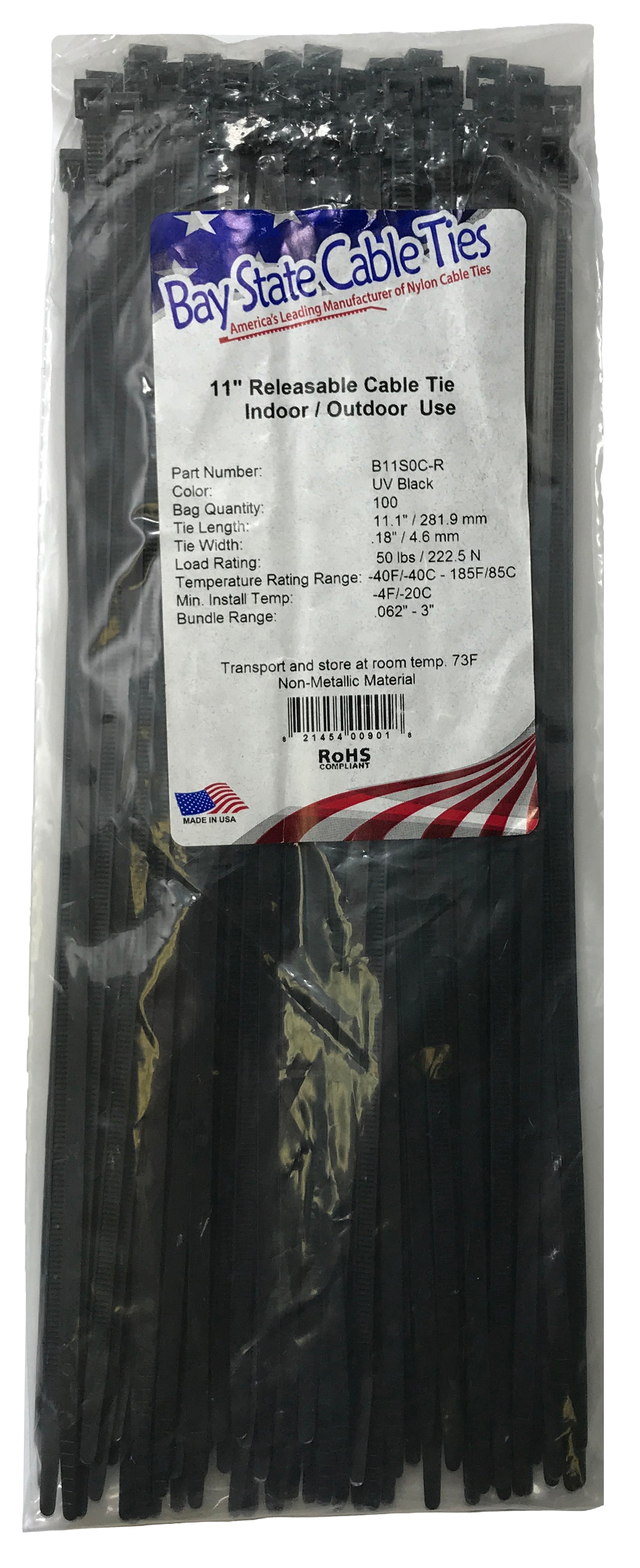 Releasable Black 11" Inch Cable Ties 50 lbs - 100 Pack