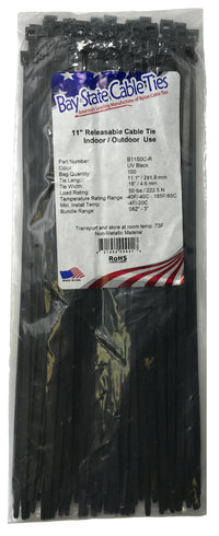Releasable Black 11" Inch Cable Ties 50 lbs - 100 Pack