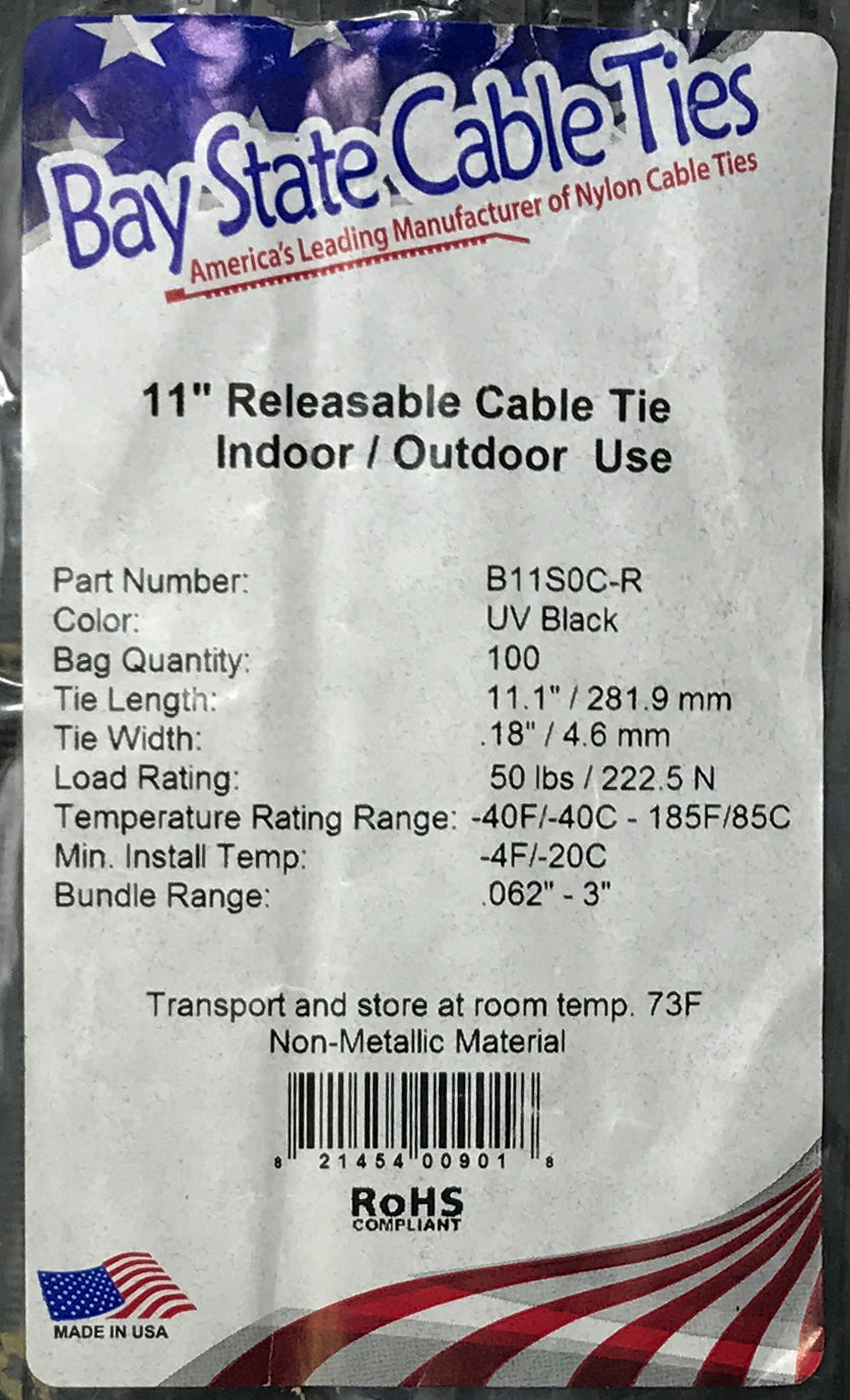 Releasable Black 11" Inch Cable Ties 50 lbs - 100 Pack