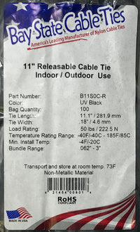 Releasable Black 11" Inch Cable Ties 50 lbs - 100 Pack