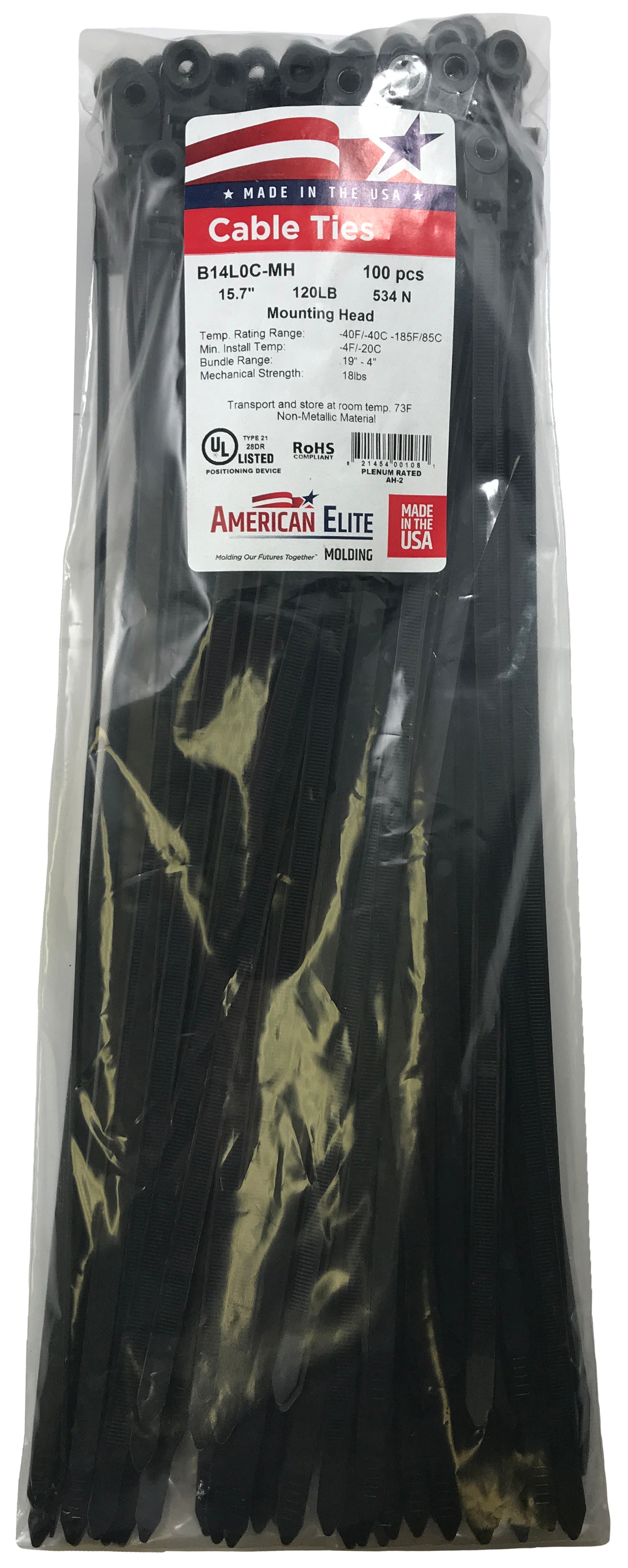 Mounting Hole Black 14" Inch Cable Ties 120 lbs - 100 Pack