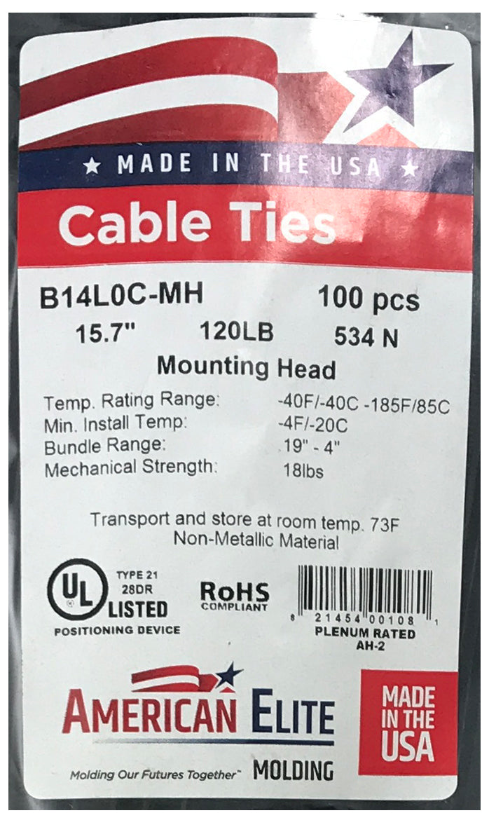Mounting Hole Black 14" Inch Cable Ties 120 lbs - 100 Pack