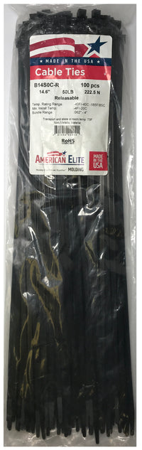 Releasable Black 14" Inch Cable Ties 50 lbs - 100 Pack