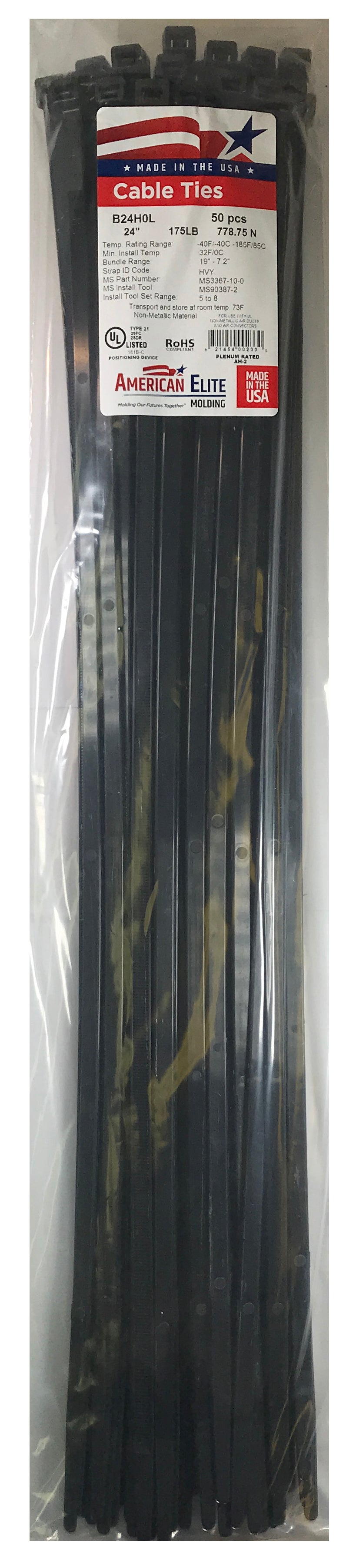 Heavy Duty Black 24" Inch Cable Ties 175 lbs - 50 Pack