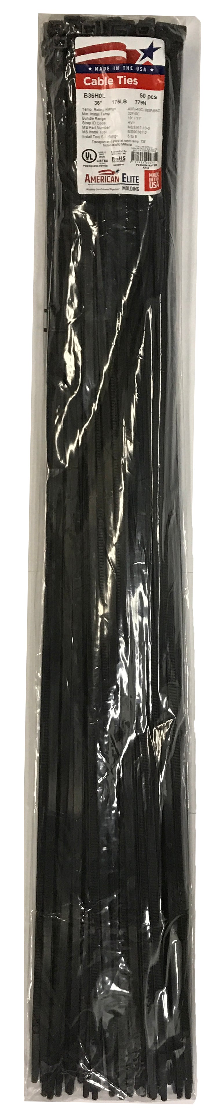 Heavy Duty Black 36" Inch Cable Ties 175 lbs - 50 Pack