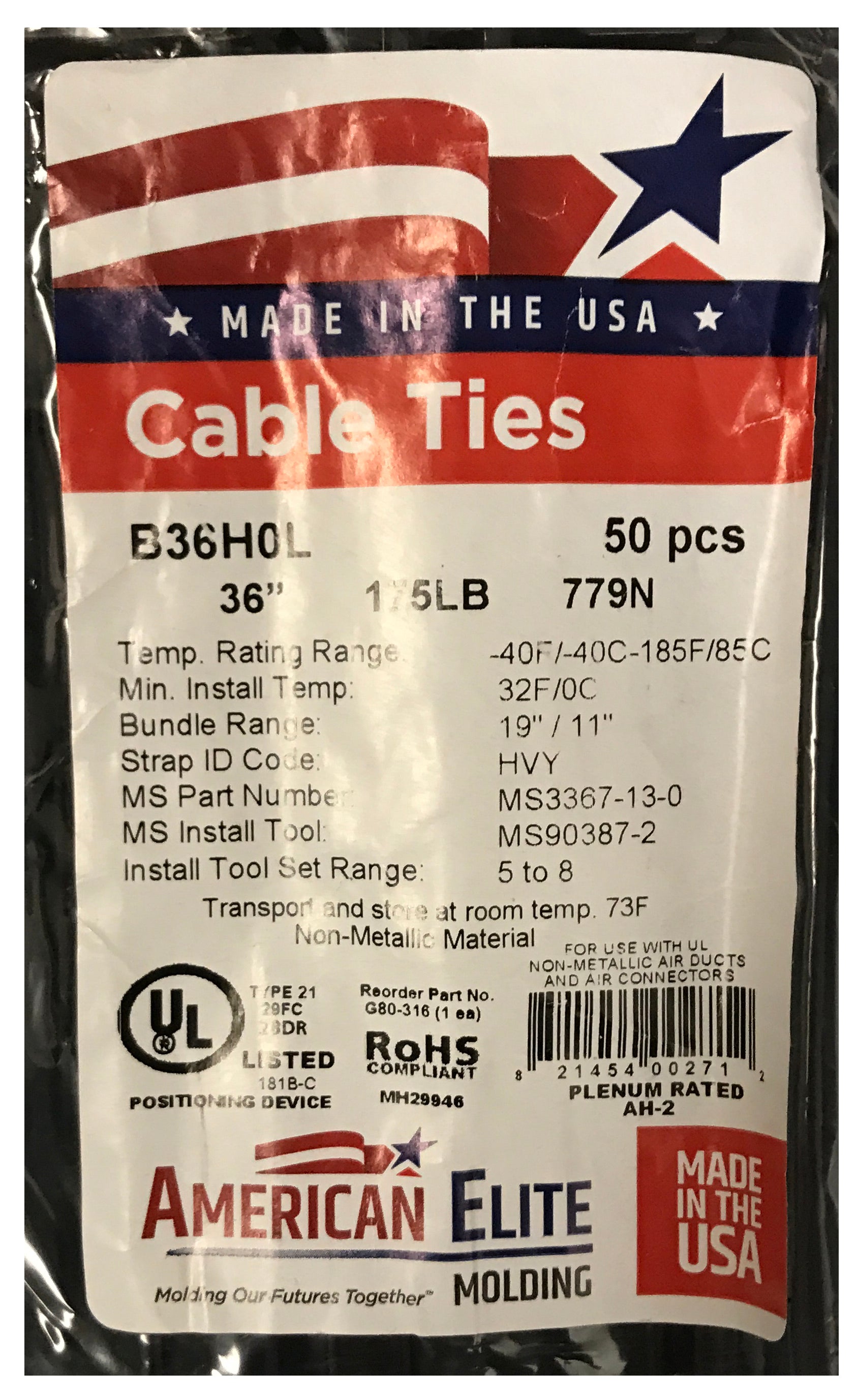 Heavy Duty Black 36" Inch Cable Ties 175 lbs - 50 Pack