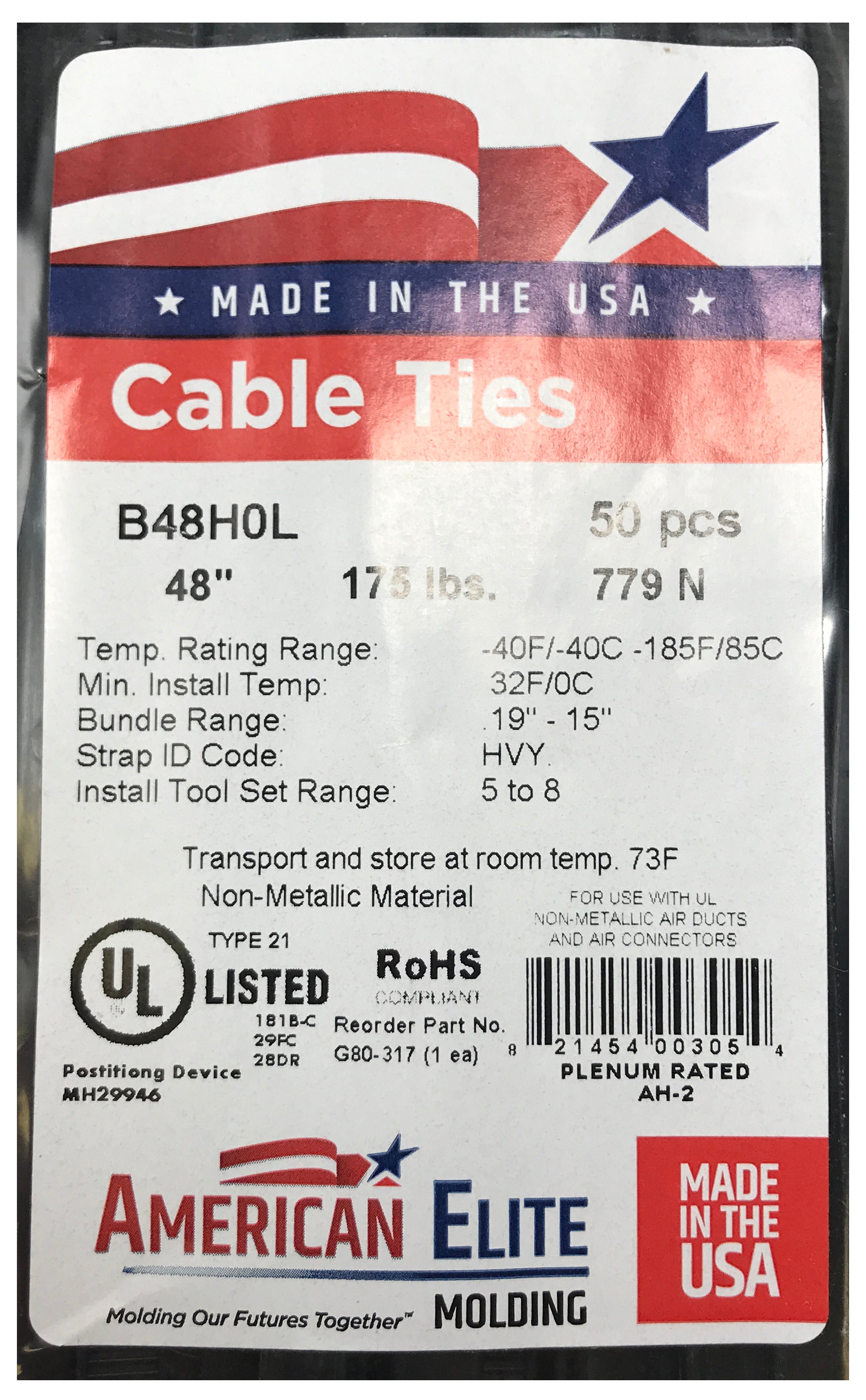 Heavy Duty Black 48" Inch Cable Ties 175 lbs - 50 Pack