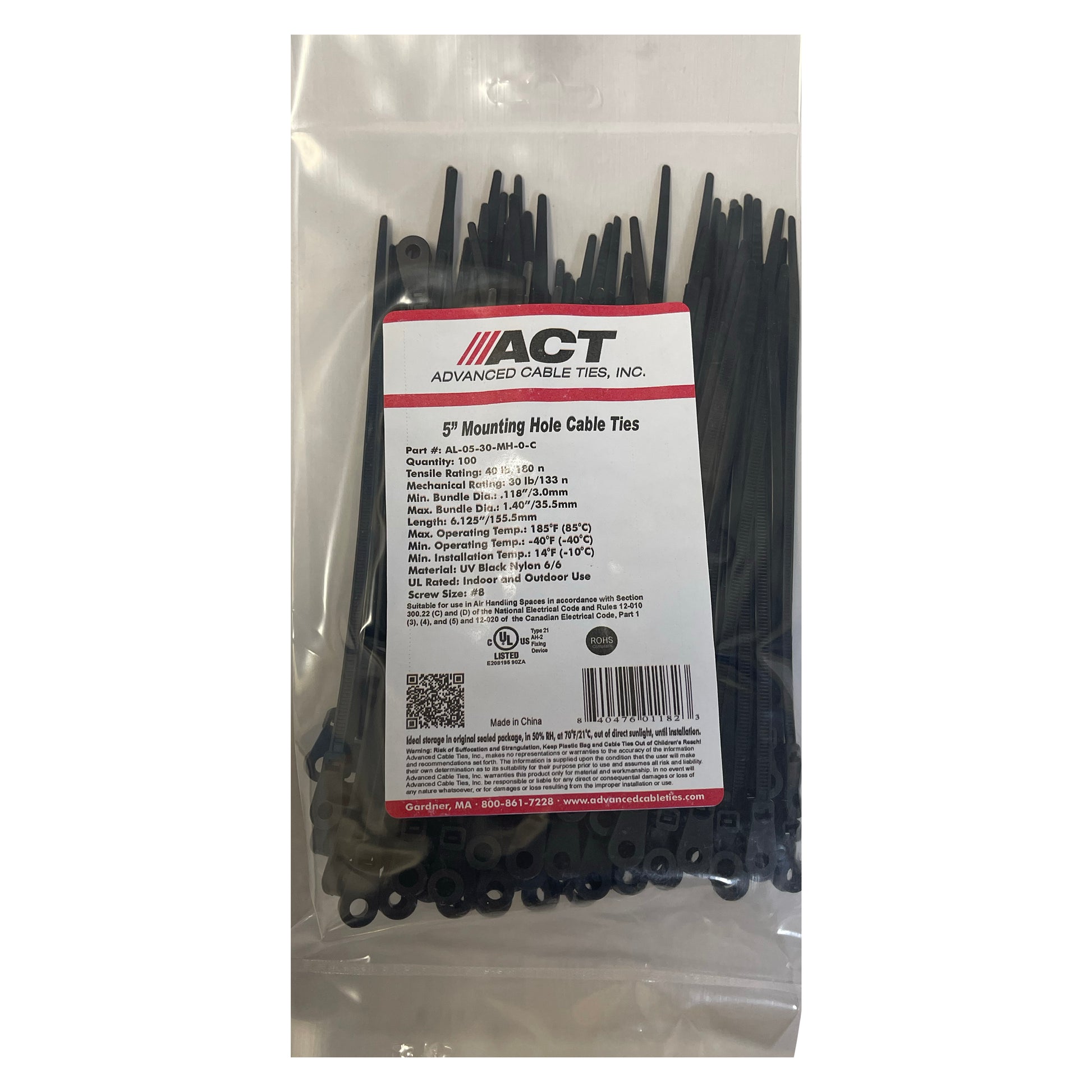 Black 5" Cable Tie w/Mounting Hole, 100 pack