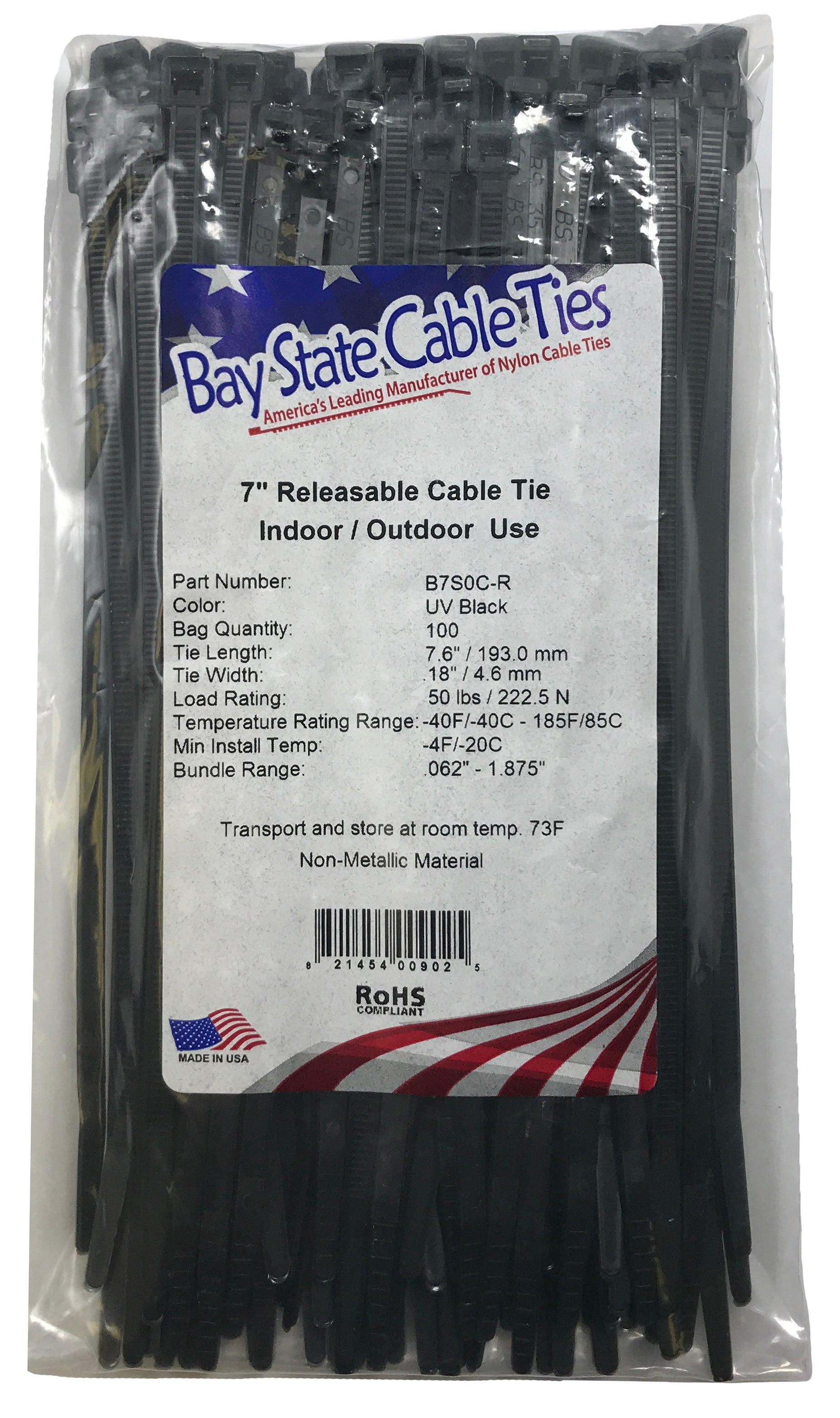 Releasable Black 7" Inch Cable Ties 50 lbs - 100 Pack