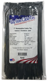 Releasable Black 7" Inch Cable Ties 50 lbs - 100 Pack