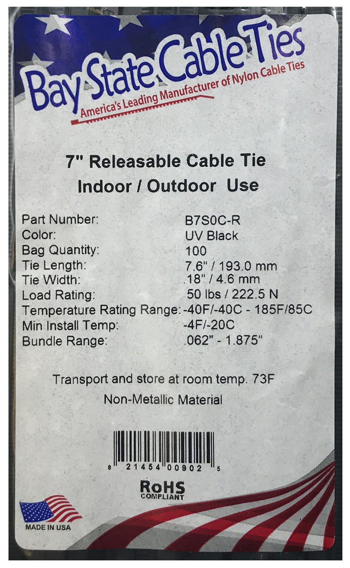 Releasable Black 7" Inch Cable Ties 50 lbs - 100 Pack