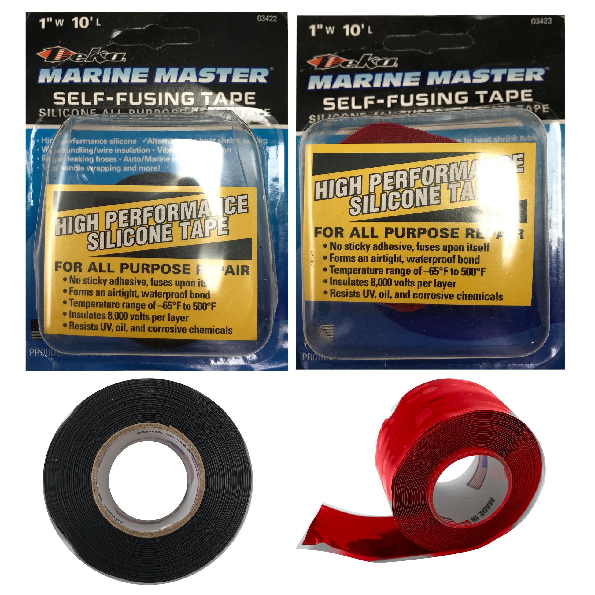 Deka Marine (2) Red & (2) Black Self Fusing Silicone Rescue Tape 1 x 10' FT - USA - 4 Rolls