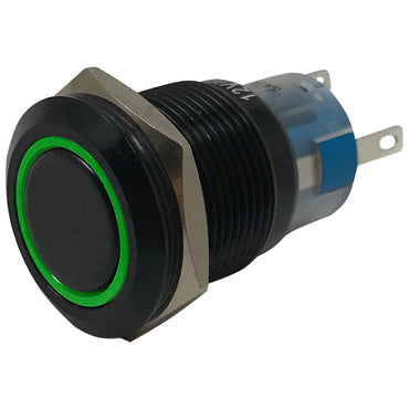 Green LED Black Metal Latching Push Button Switch On Off 12V - 19mm Mounting