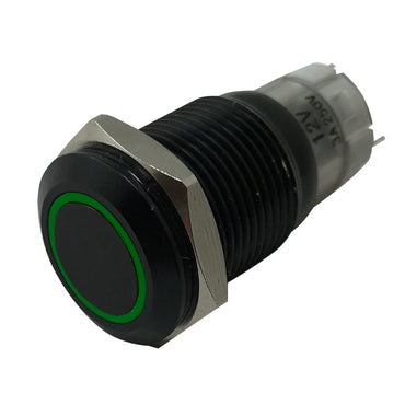 Green LED Black Metal Latching Push Button Switch On Off 12V - 16mm Mounting
