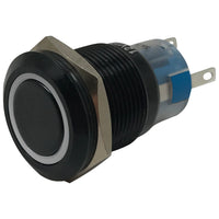 White LED Black Metal Latching Push Button Switch On Off 12V - 19mm Mounting