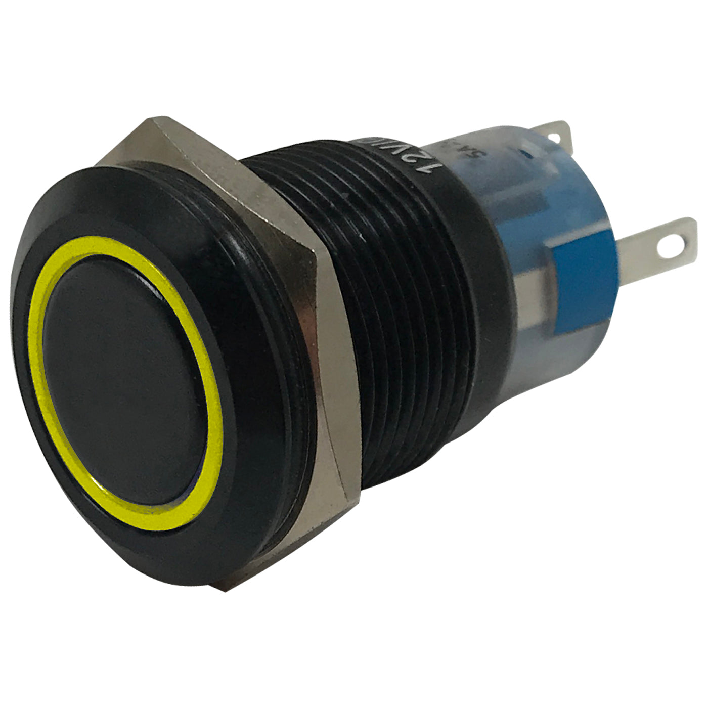 Yellow LED Black Metal Latching Push Button Switch On Off 12V - 19mm Mounting